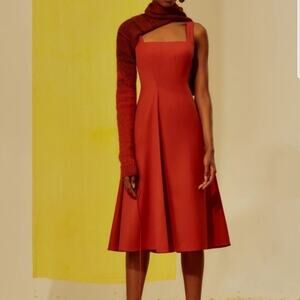 LOROD Pinafore Rust Seamed Flare Wool Silk Dress Square Neck Retro
